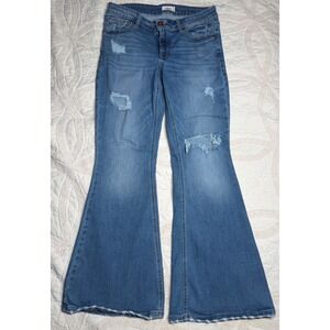 Edgely Flare Jeans Blue Festival Hippie Distressed Raw Hem Mid Rise Womens 10
